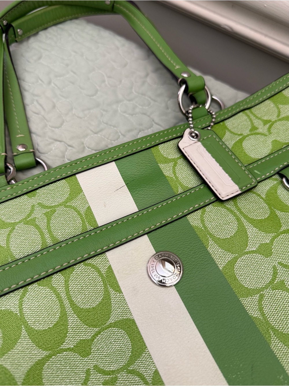Coach Green Logo Stripe Tote with White Accent - Picture 3 of 11